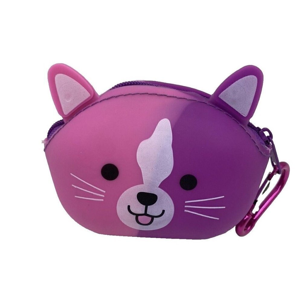 Cat Zipper Coin Purse Rubber With Backpack Clip Pink Purple Kitty Kitten